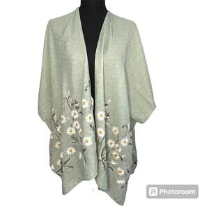 Daisy Kimono Womens OS Sage Floral Embroidered Cotton Blend Lightweight Boho